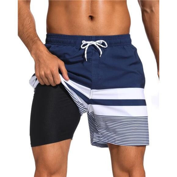 Men Swim Trunks with Compression Liner 2 in 1 Quick Dry Bathing Suit Beach Short - Picture 1 of 6